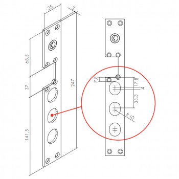 Prihv. ploča za elektromeh. INOX , za PPV vrata 3 klina ( 33,3 mm. ) ,  35 * 247 mm. , debljina 3 mm.