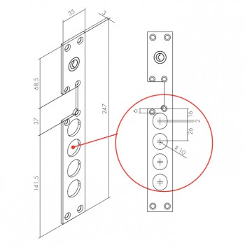 Prihv. ploča za elektromeh. INOX , za PPV vrata 4 klina ( 26 mm. ) ,  35 * 247 mm. , debljina 3 mm.